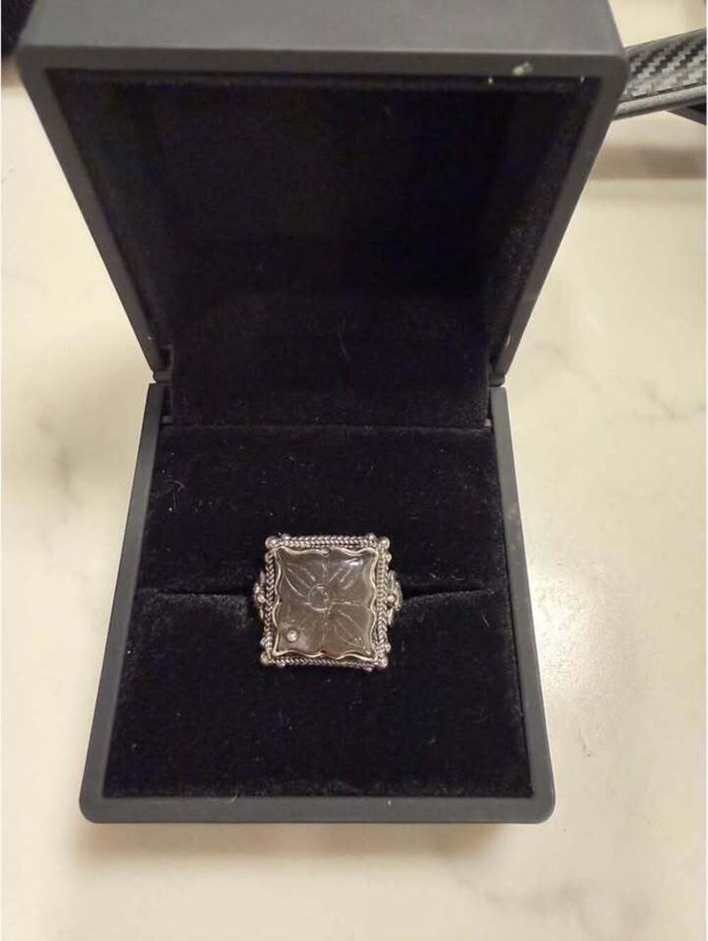 Vintage Sterling Silver Carved Stone Turtle ADJUSTABLE Ring